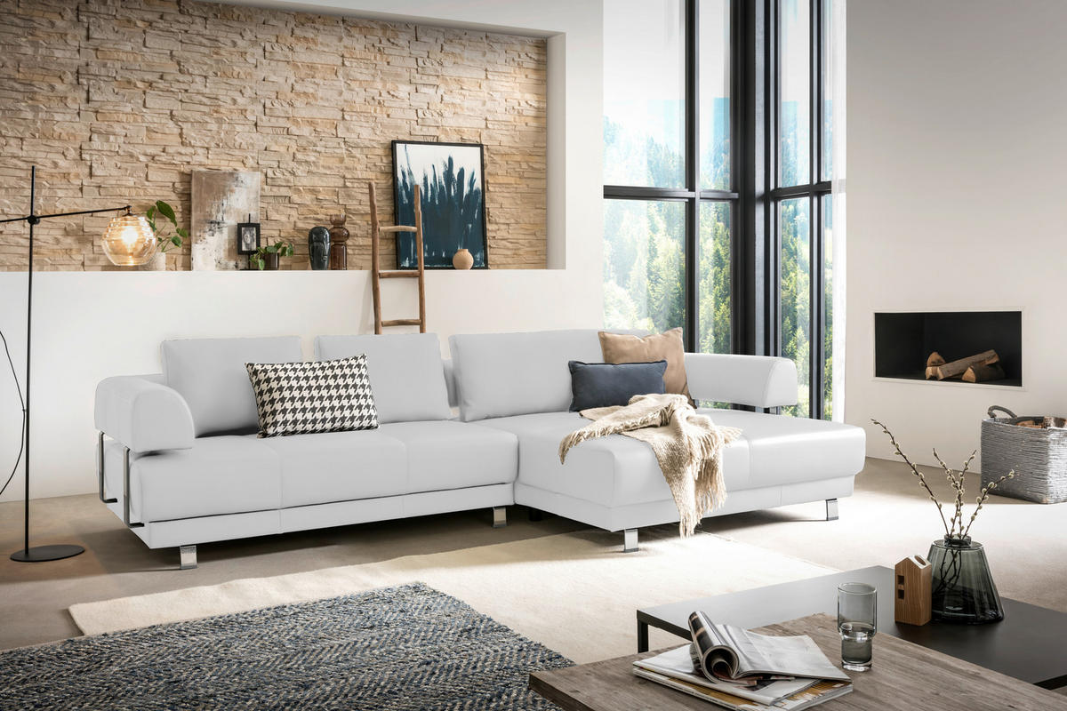 ECKSOFA Weiß Echtleder  - Weiß, Design, Leder/Metall (307/188cm)