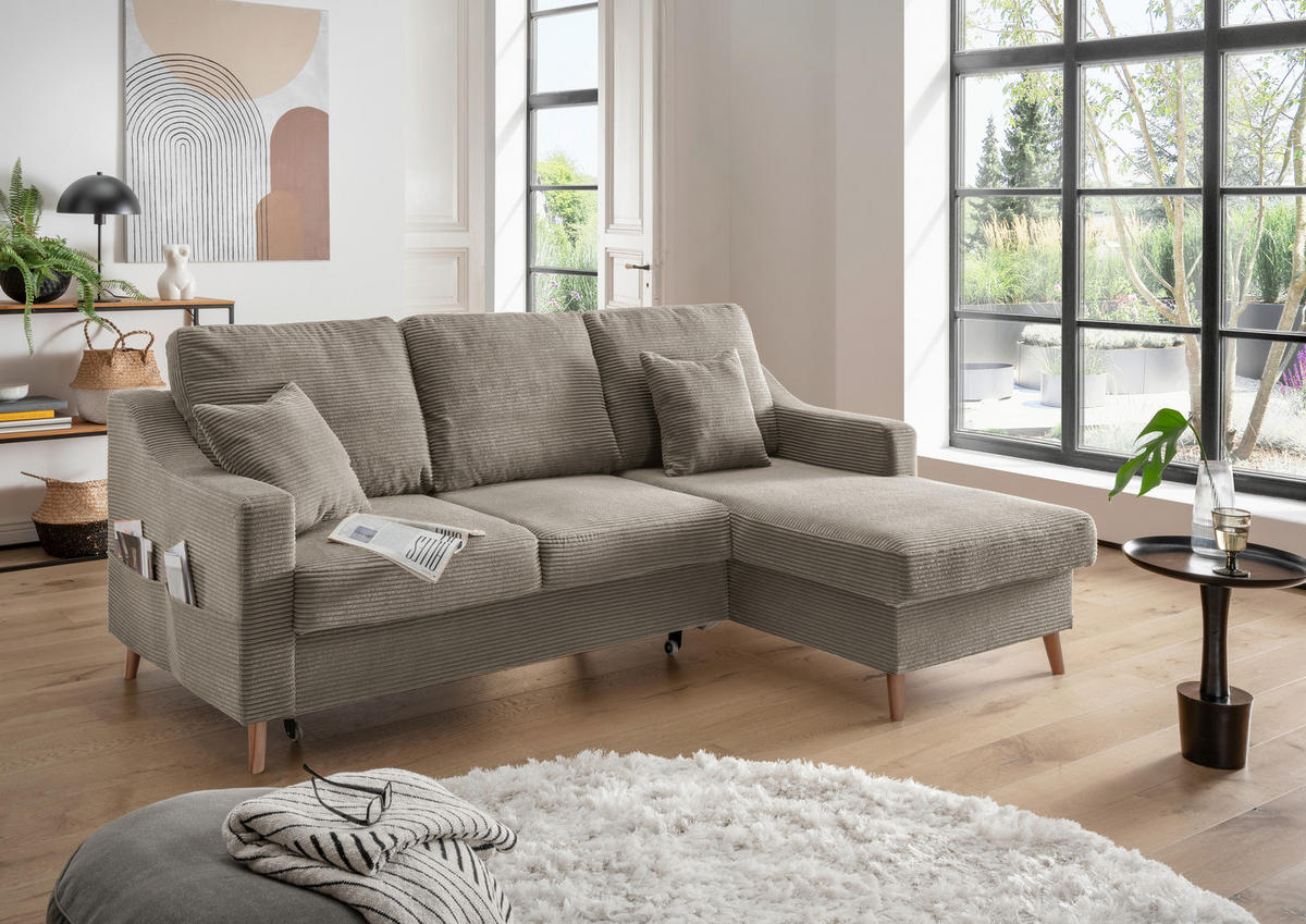 ECKSOFA Graubraun Cord  - Graubraun/Naturfarben, Design, Holz/Textil (228/150cm) - P & B