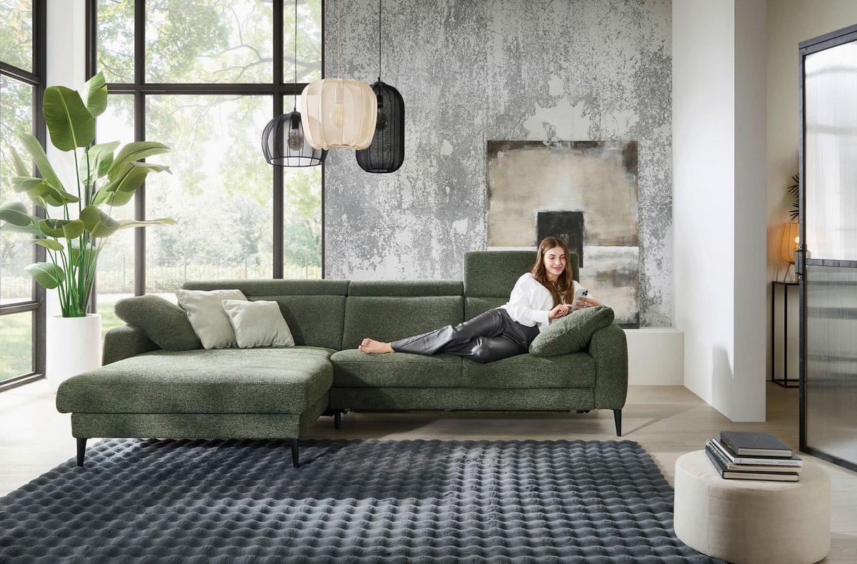 ECKSOFA Grün Chenille  - Schwarz/Grün, KONVENTIONELL, Textil/Metall (177/300cm) - Valdera