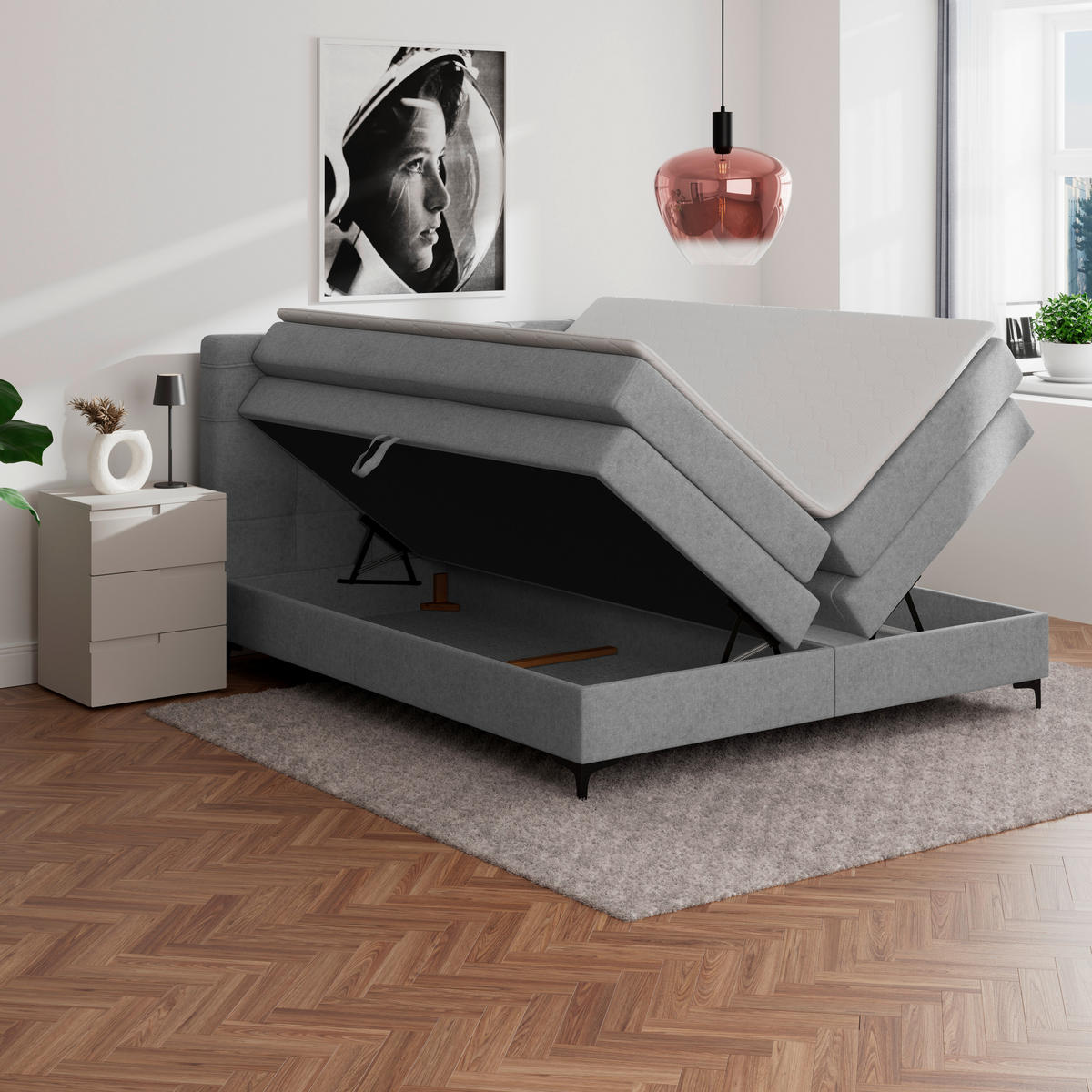 BOXSPRINGBETT 160/200 cm,  in Hellgrau, H3 = fest  - Hellgrau/Schwarz, KONVENTIONELL, Kunststoff/Textil (160/200cm)