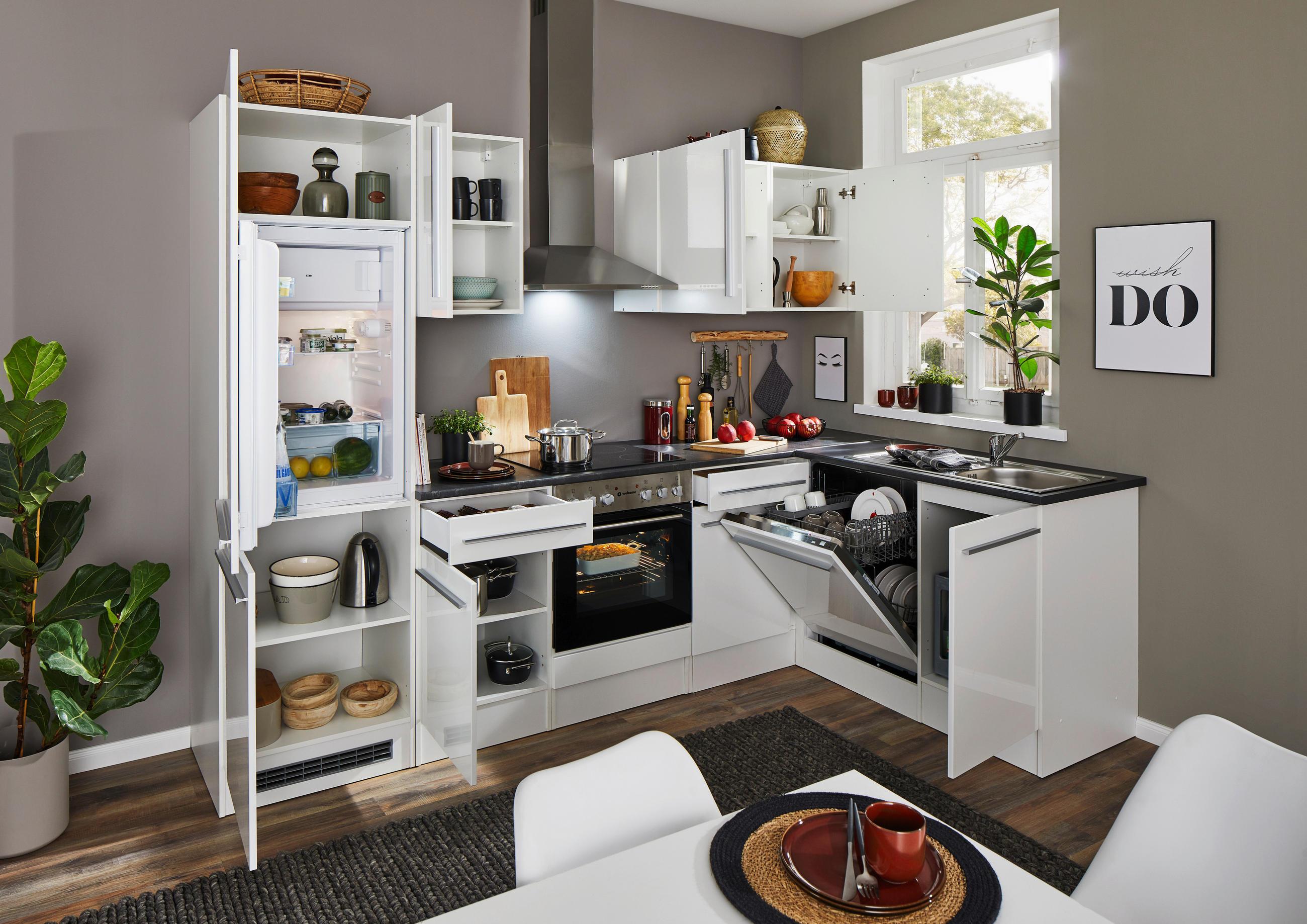 Thumbnail - Mid.you Eckküche, Weiß, Weiß Hochglanz, Kunststoff, 1 Schublade(n),2 Schublade(n) Schubladen, seitenverkehrt montierbar,...