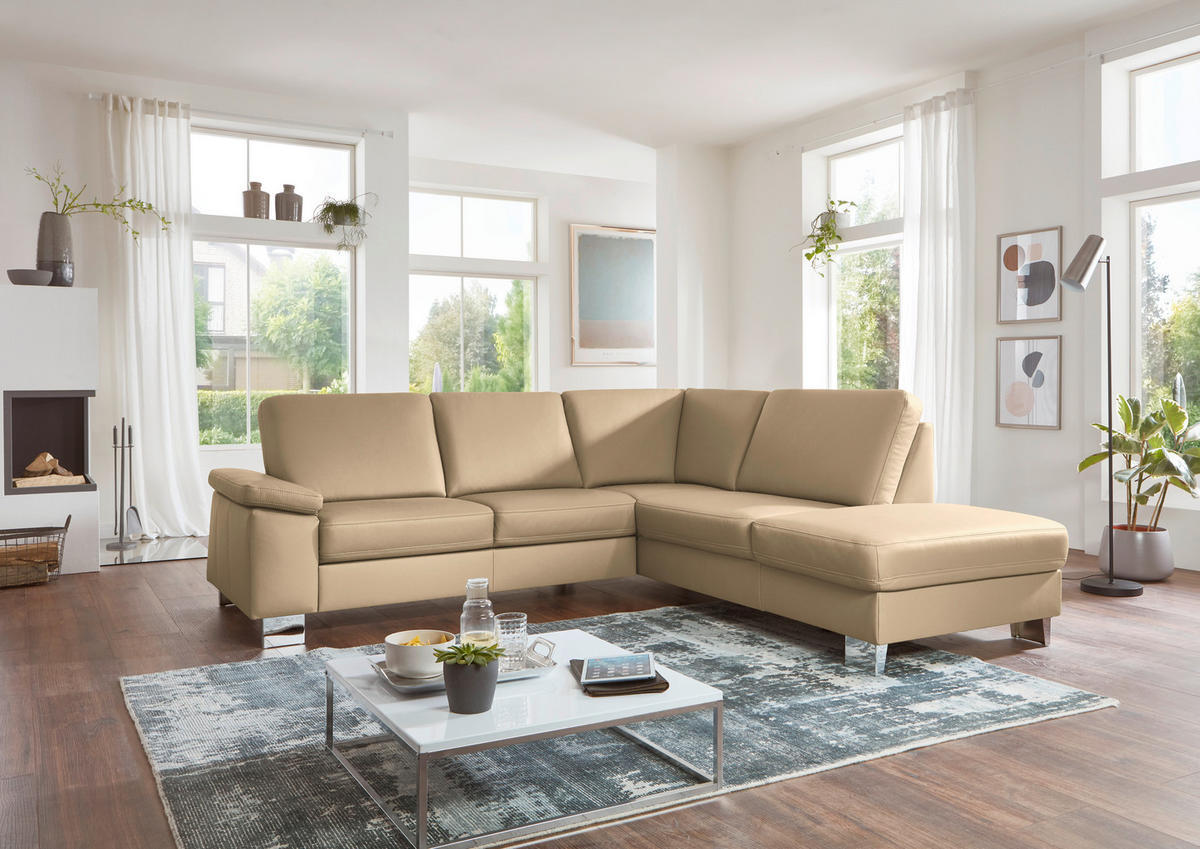 ECKSOFA  in Echtleder Beige  248/235 cm  - Beige/Alufarben, Design, Leder/Metall (248/235cm) - Beldomo Premium