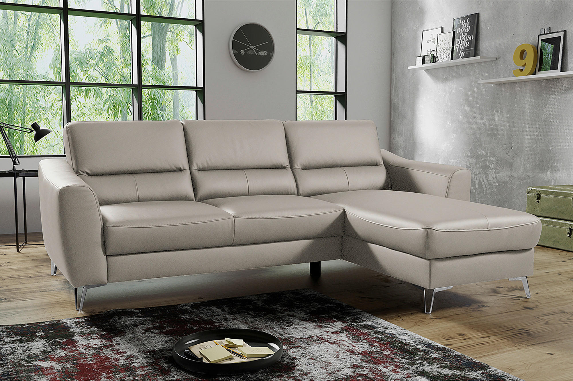 ECKSOFA in Lederlook Echtleder Platinfarben  - Platinfarben/Chromfarben, Design, Leder/Textil (241/168cm) - Livetastic