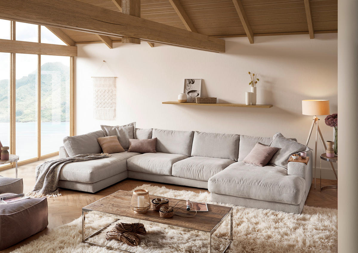 WOHNLANDSCHAFT in Cord Hellgrau  - Hellgrau/Schwarz, Design, Kunststoff/Textil (224/425/190cm) - Hom`in