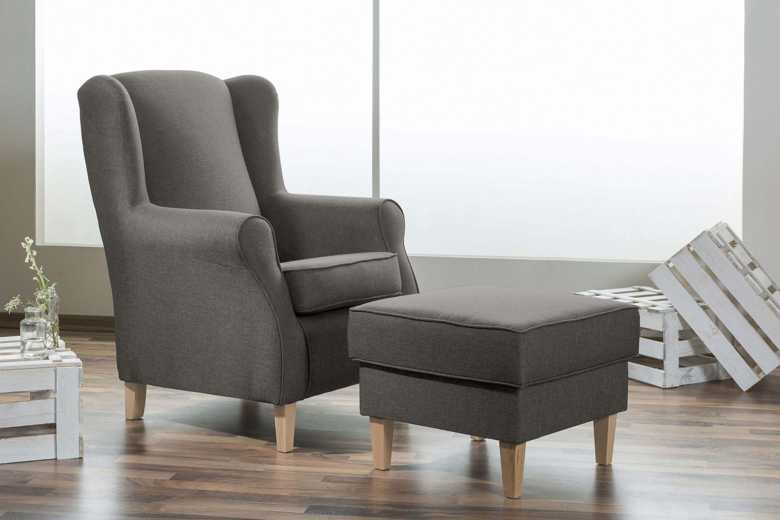 OHRENSESSEL Flachgewebe Hellgrau - Buchefarben/Hellgrau, Design, Holz/Textil (77/103/86cm) - Max Winzer