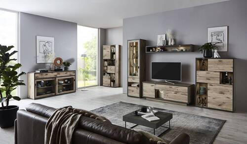 WOHNWAND  327,4/207,9/50 cm  in Eichefarben, Dunkelgrau  - Dunkelgrau/Eichefarben, MODERN, Glas/Holzwerkstoff (327,4/207,9/50cm) - Modante