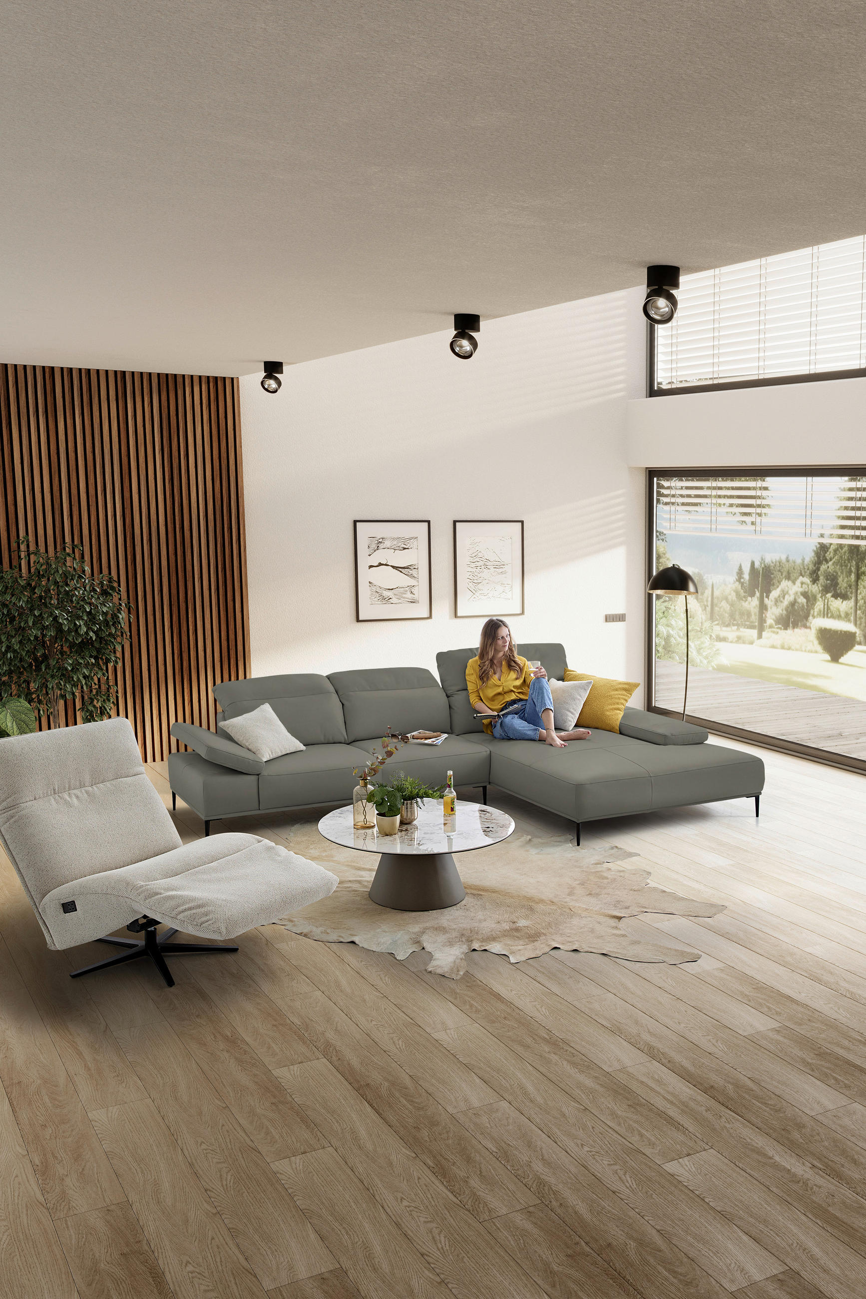 ECKSOFA  in Echtleder Grau  322/206 cm  - Schwarz/Grau, MODERN, Leder/Metall (322/206cm) - Chilliano