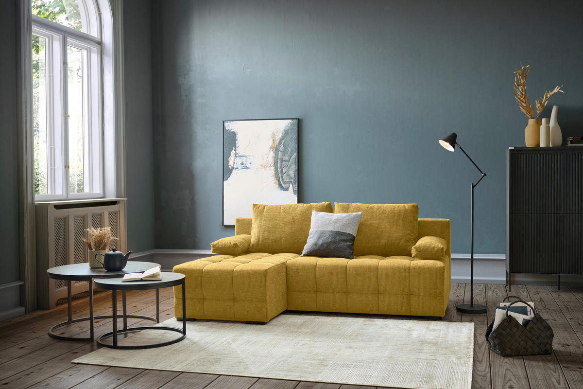 ECKSOFA Senfgelb Chenille  - Senfgelb/Schwarz, MODERN, Kunststoff/Textil (145/204cm) - home24