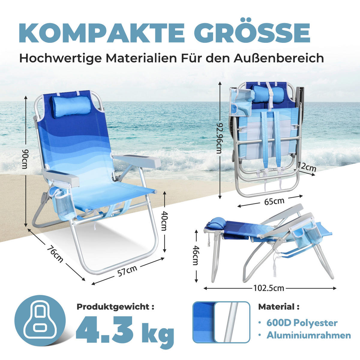 STRANDSTUHL Aluminium Blau, Hellblau  - Blau/Hellblau, Basics, Textil/Metall (57/90/76cm) - Modante