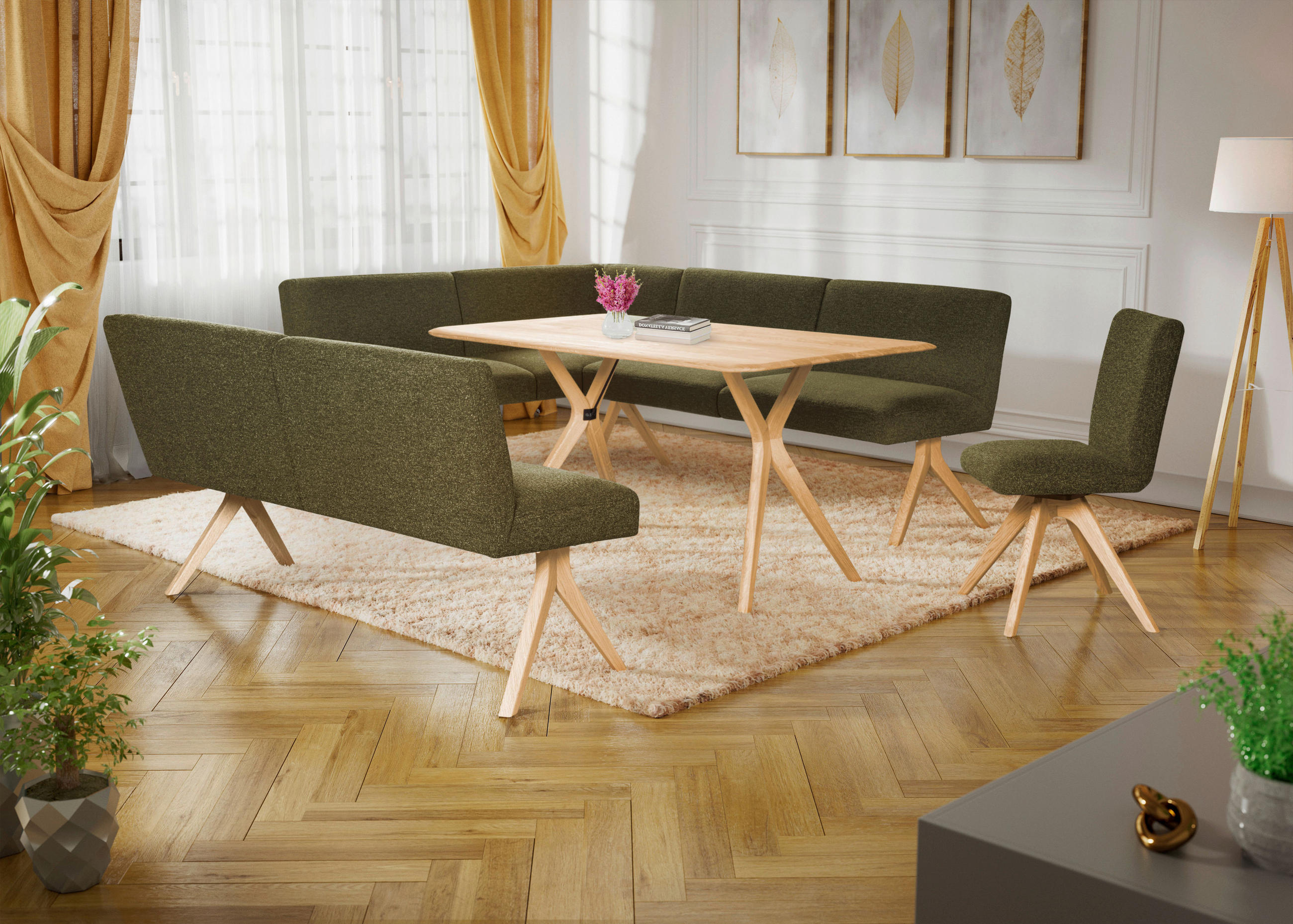 ECKBANK 172/238 cm Webstoff Grün Eiche vollmassiv   - Eichefarben/Grün, KONVENTIONELL, Holz/Textil (172/238cm) - Linea Natura