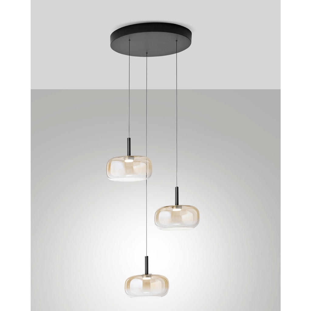 Thumbnail - Fabas Luce Led-Pendelleuchte Devero, Cognac, Metall, Glas, 200 cm, DIN EN ISO 9001, höhenverstellbar, 3 Helligkeitsstufe...