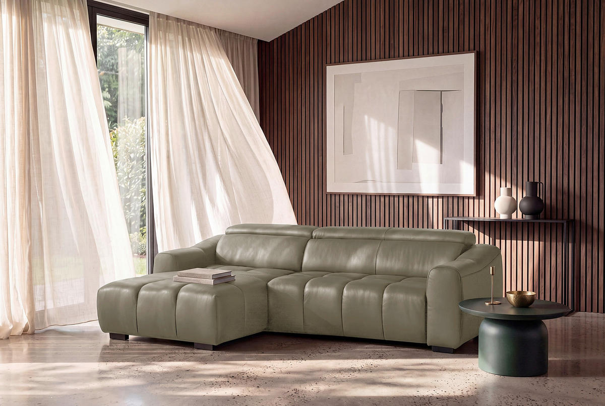 ECKSOFA AVEIRO Taupe Echtleder Bettkasten, Kopfteilverstellung, Sitzvorzug  - Taupe/Schwarz, Design, Leder/Kunststoff (177/274cm) - Livetastic