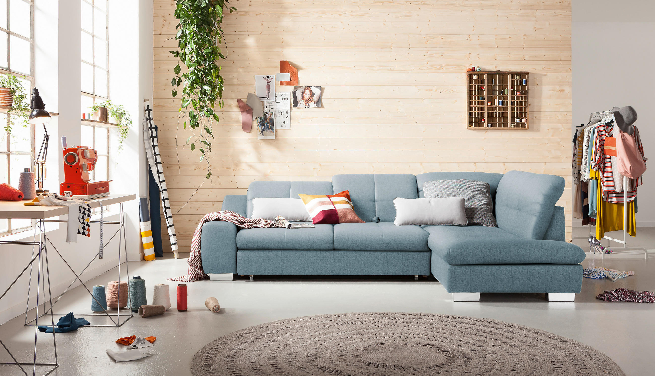 ECKSOFA Hellblau Flachgewebe  - Chromfarben/Hellblau, Design, Kunststoff/Textil (292/212cm) - SetOne by Musterring