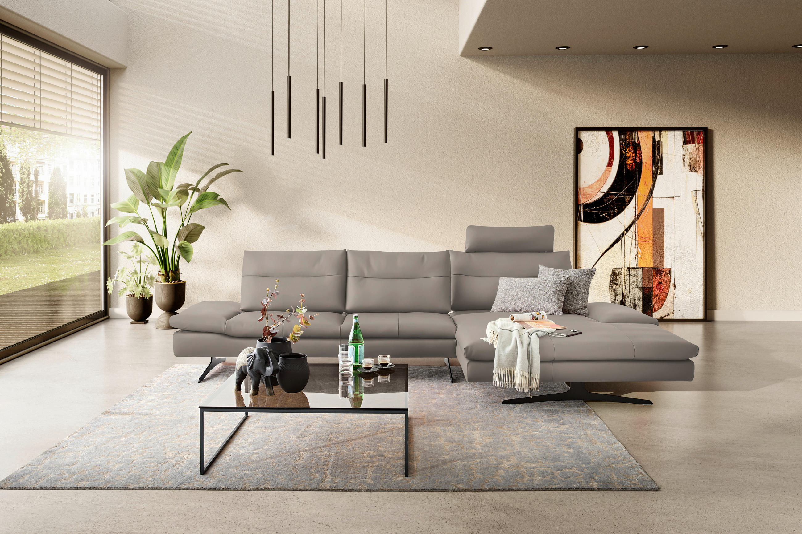 ECKSOFA in Echtleder Taupe  - Taupe/Schwarz, Modern, Leder/Metall (342/158cm) - Chilliano