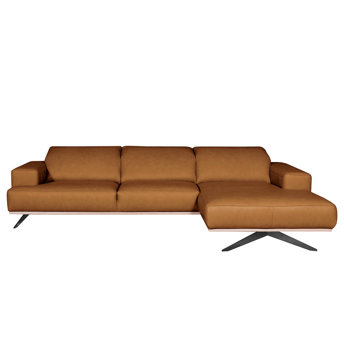 ECKSOFA Cognac Echtleder Rücken echt, Kopfteilverstellung  - Cognac/Schwarz, Design, Leder/Metall (295/187cm) - Livetastic