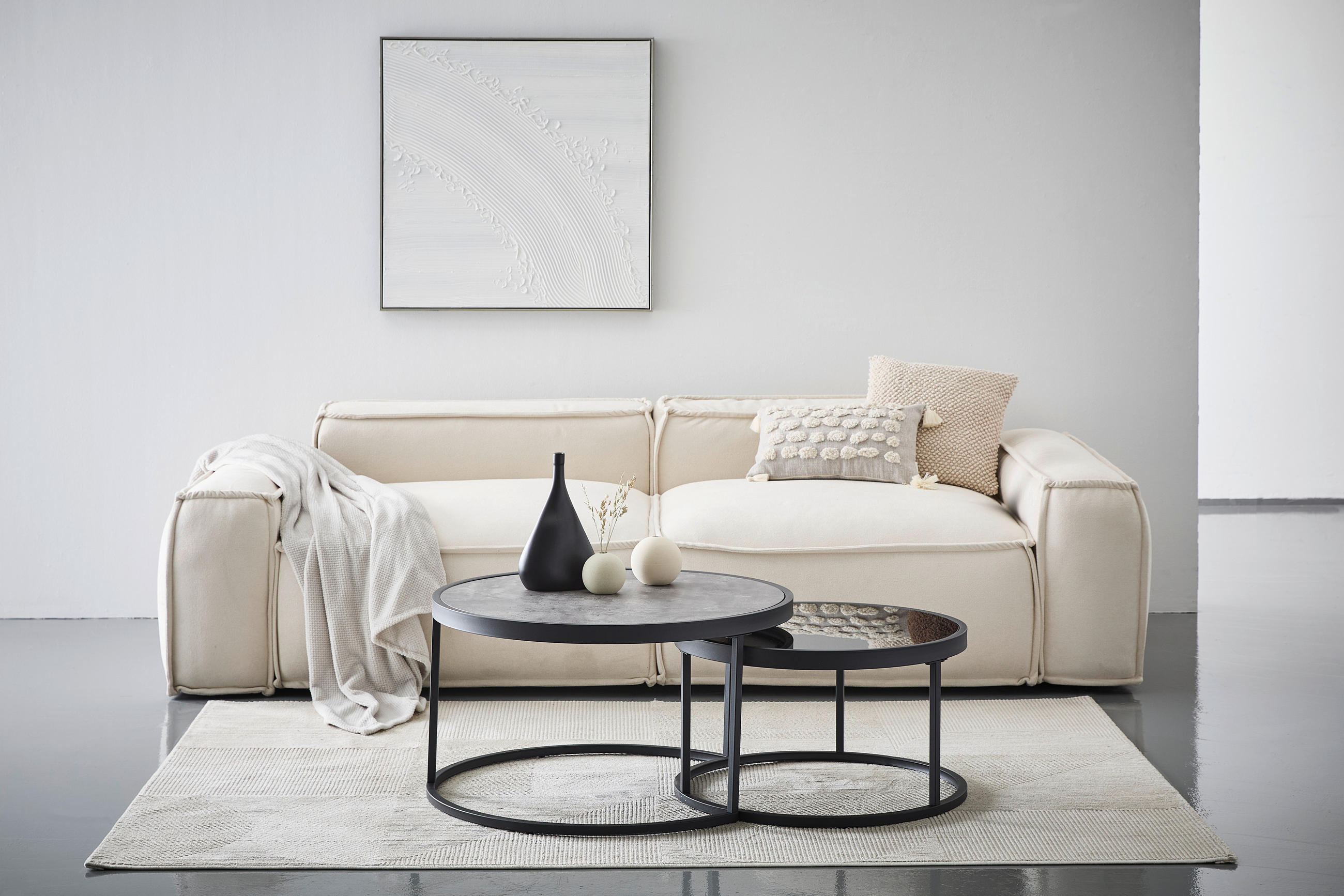 Thumbnail - Mid.you Couchtischset, Grau, Schwarz, Metall, Glas, Holzwerkstoff, 2-teilig, rund, rund, 65-80x38-40x65-80 cm, einfacher...