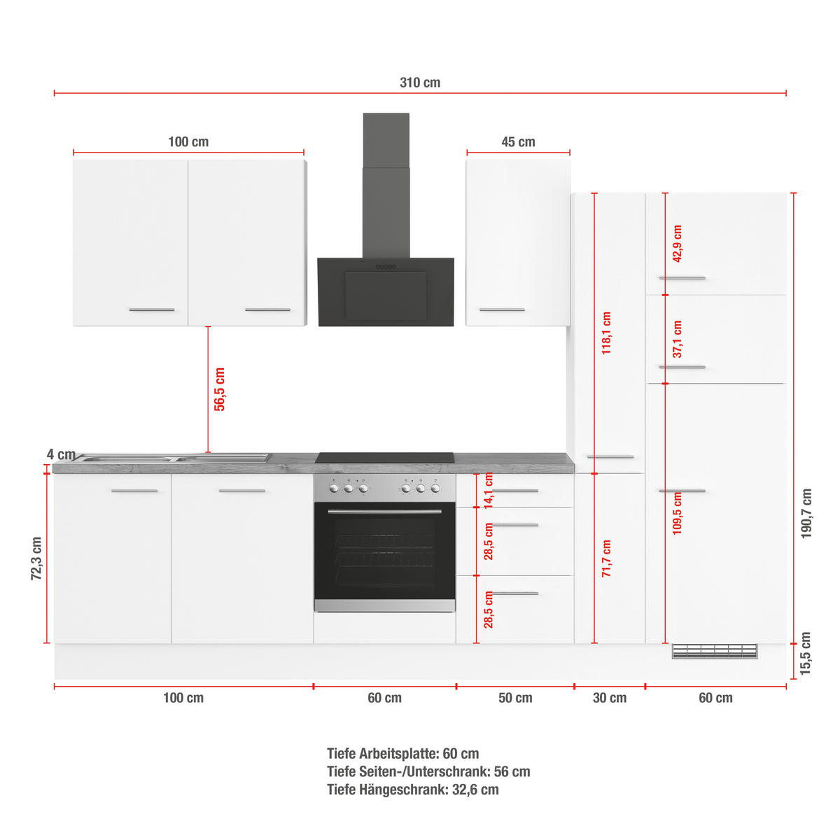 KÜCHENLEERBLOCK 310 cm   in Grau  - Schwarz/Weiß, Design, Holzwerkstoff/Metall (310cm) - Impuls