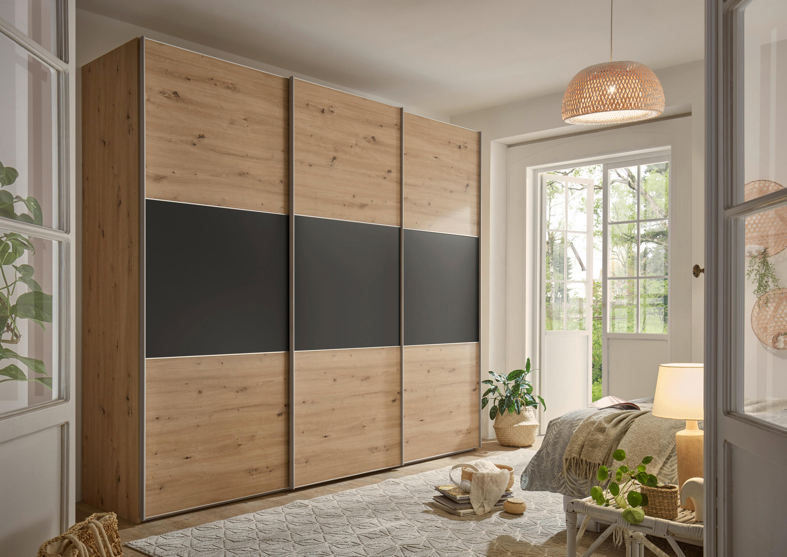 SCHWEBETÜRENSCHRANK in Anthrazit, Eiche Artisan  - Anthrazit/Alufarben, Holzwerkstoff/Metall (249/222/68cm) - Moderano