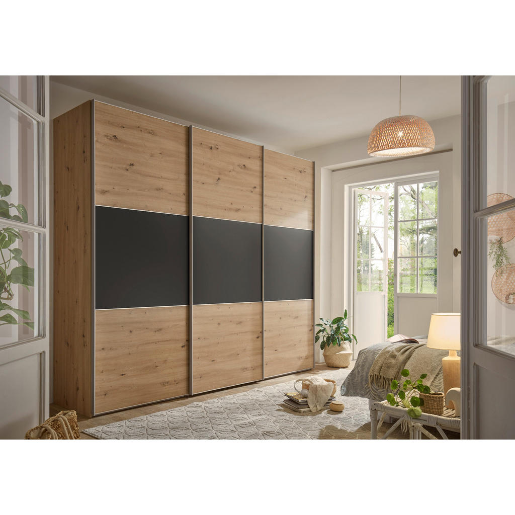Thumbnail - Moderano Schwebetürenschrank, Anthrazit, Eiche Artisan, Holzwerkstoff, 6 Fächer, 2 Schubladen, 280x222x68 cm, Made in Ge...