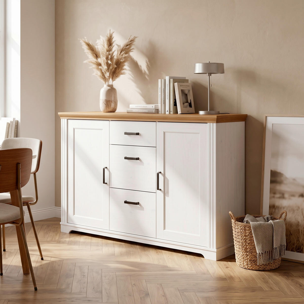KOMMODE , 166/104/48 cm, 3 Schublade(n)  - Eichefarben/Schwarz, MODERN, Holz/Metall (166/104/48cm) - Livetastic