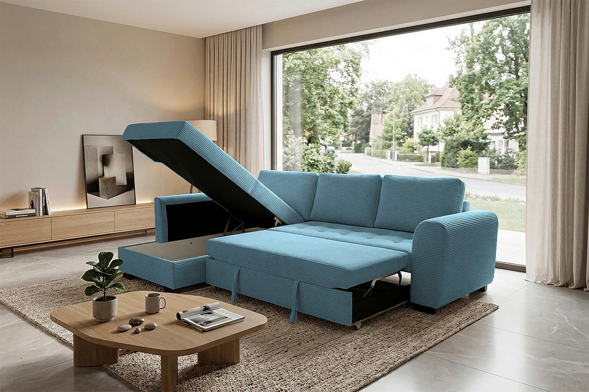 ECKSOFA JOHN Hellblau Cord Rückenkissen, Bettkasten, Liegefläche im Originalstoff  - Schwarz/Hellblau, Trend, Kunststoff/Textil (178/239cm) - P & B