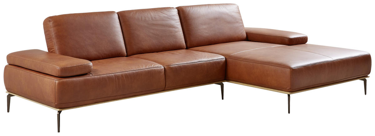 SEDEŽNA GARNITURA, pravo usnje barve konjaka  - barve hrasta/barve konjaka, Design, kovina/les (314/176cm) - Valnatura