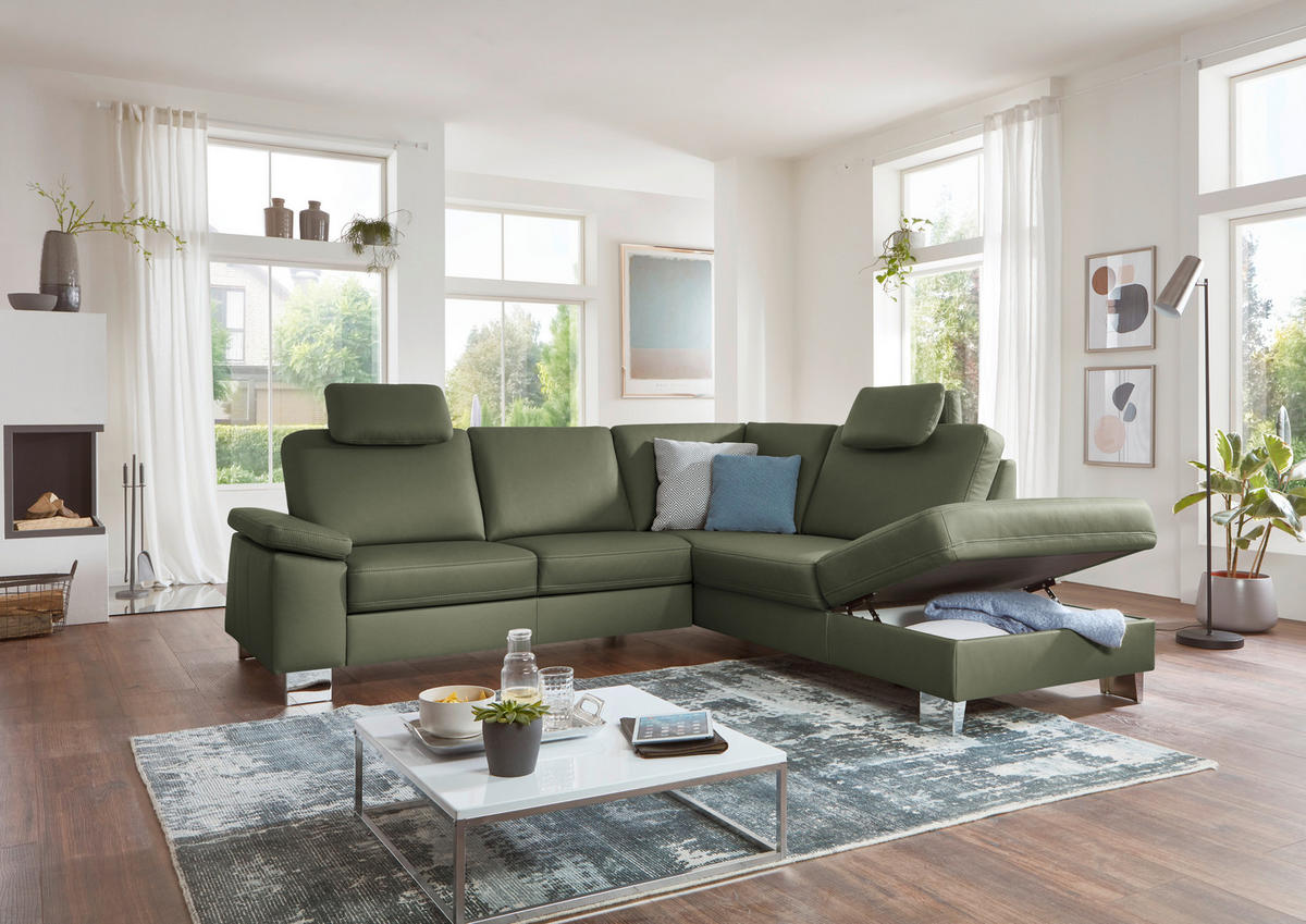 ECKSOFA  in Echtleder Olivgrün  248/235 cm  - Alufarben/Olivgrün, Design, Leder/Metall (248/235cm) - Beldomo Premium