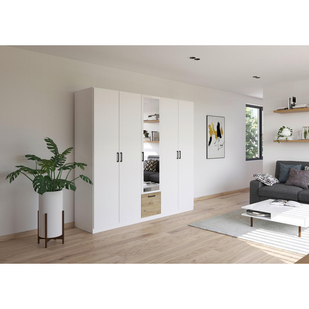 Thumbnail - Rauch Möbel Kleiderschrank, Weiß, Eiche Artisan, Metall, 4 Fächer, 1 Schublade(n) Schubladen, 226x210x54 cm, Blauer Enge...