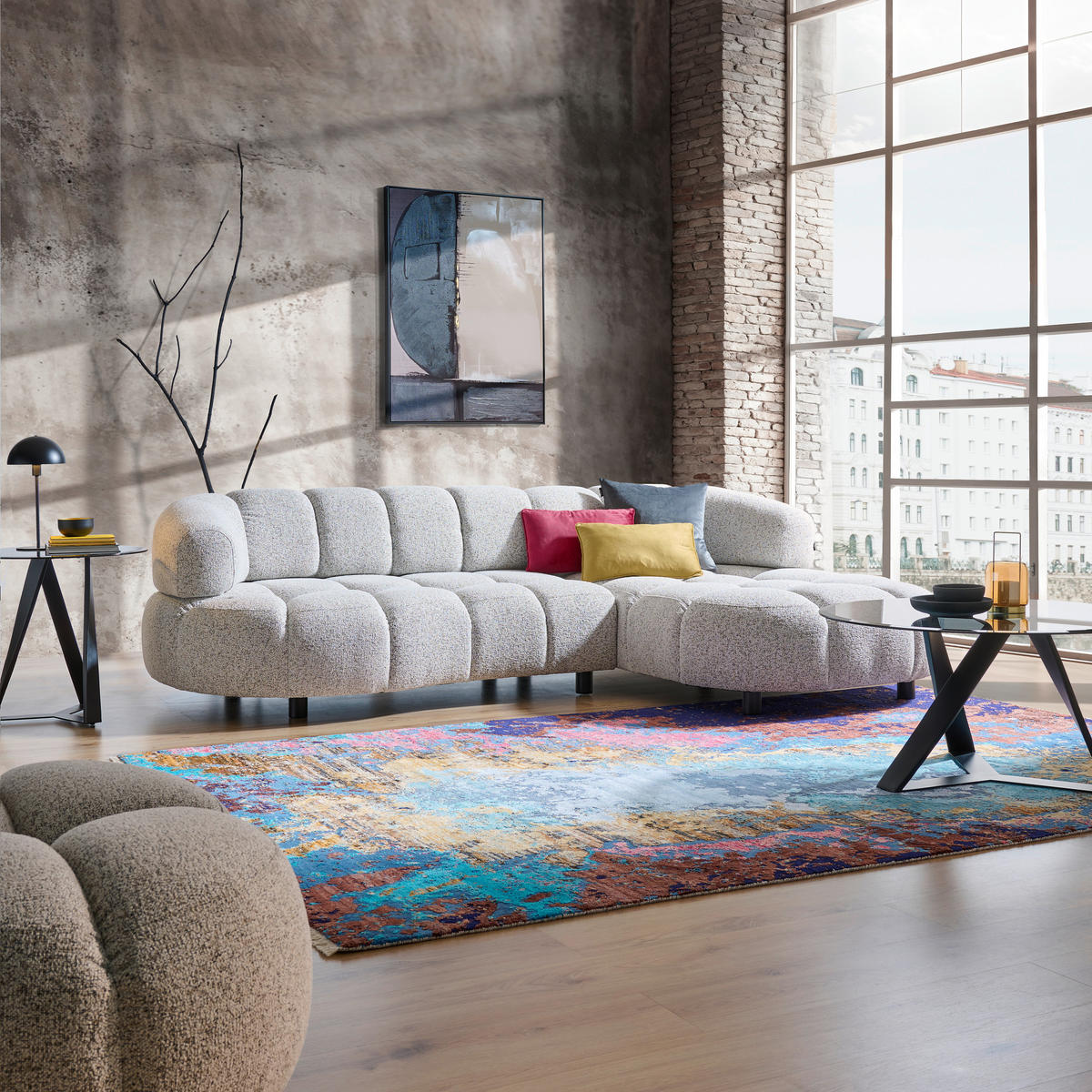 HÖRNSOFFA i vävt tyg greige  - greige/svart, Design, trä/textil (284/183cm) - Welnova
