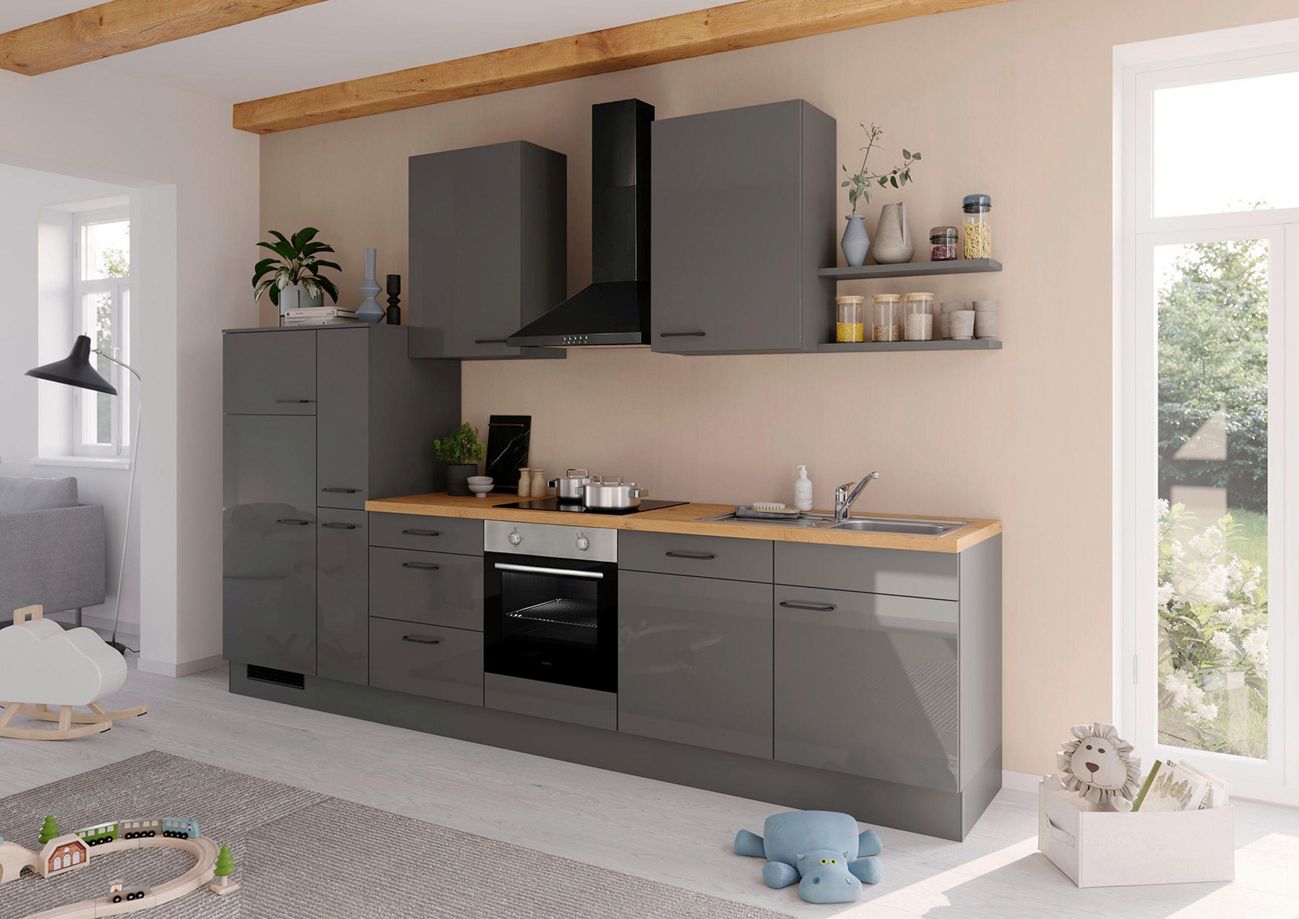 KÜCHENBLOCK 330 cm   in Dunkelgrau  - Dunkelgrau/Eichefarben, Design, Holzwerkstoff/Metall (330cm) - Impuls