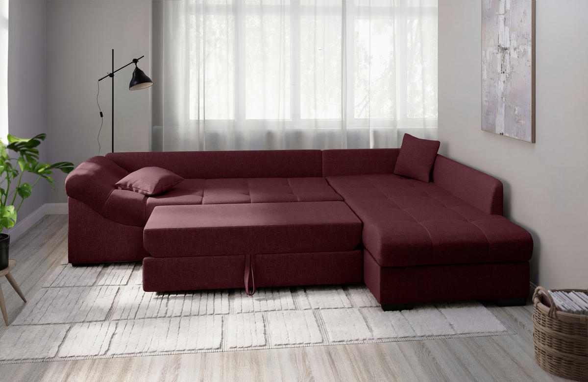 ECKSCHLAFSOFA in Bordeaux Textil   - Bordeaux/Schwarz, Modern, Holz/Textil (298/202cm) - MID.YOU