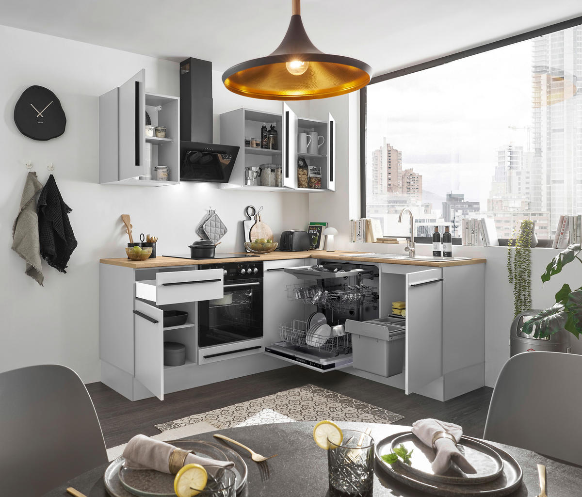 ECKKÜCHE 220/175 cm  in Weiß, Eichefarben  - Eichefarben/Schwarz, Design, Holzwerkstoff/Kunststoff (220/175cm) - MID.YOU