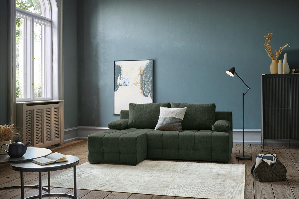 ECKSOFA  in Chenille Dunkelgrün  - Dunkelgrün/Schwarz, MODERN, Kunststoff/Textil (145/204cm) - home24