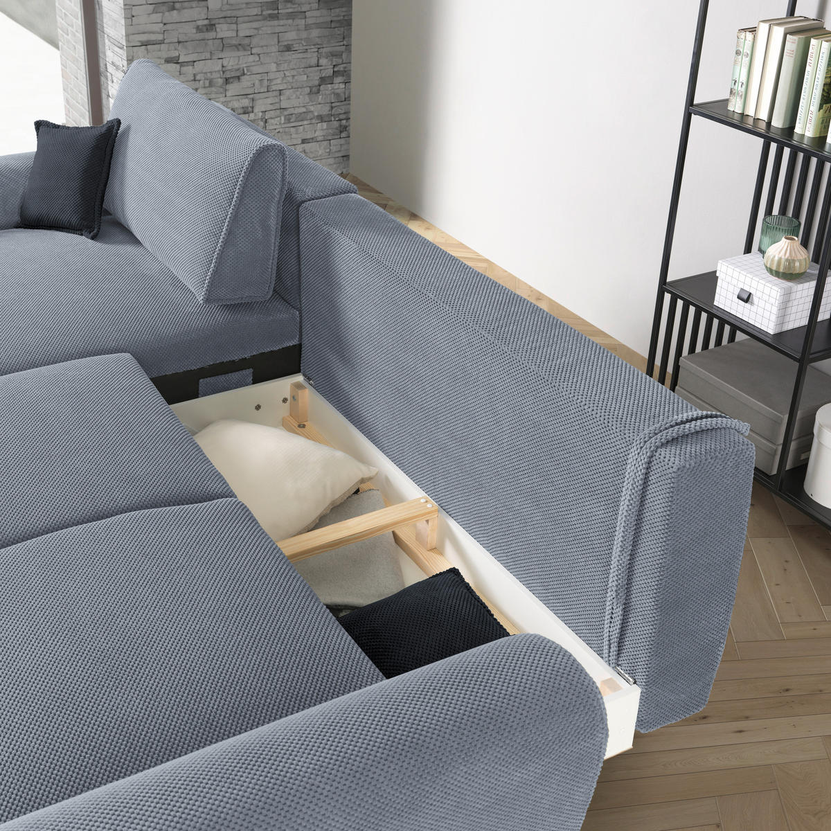 ECKSOFA in Webstoff Blaugrau  - Blaugrau/Schwarz, Design, Textil/Metall (170/272cm) - Welnova