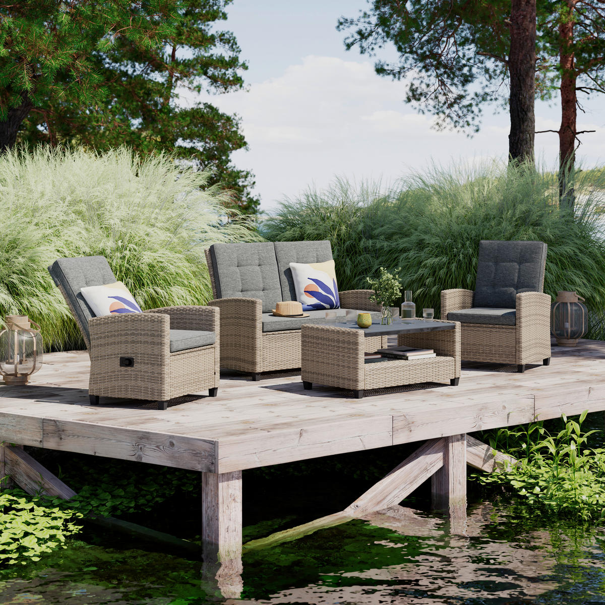 GARTENSET 4-teilig  - Grau, MODERN, Kunststoff/Textil (124/93/67cm) - Ambia Garden