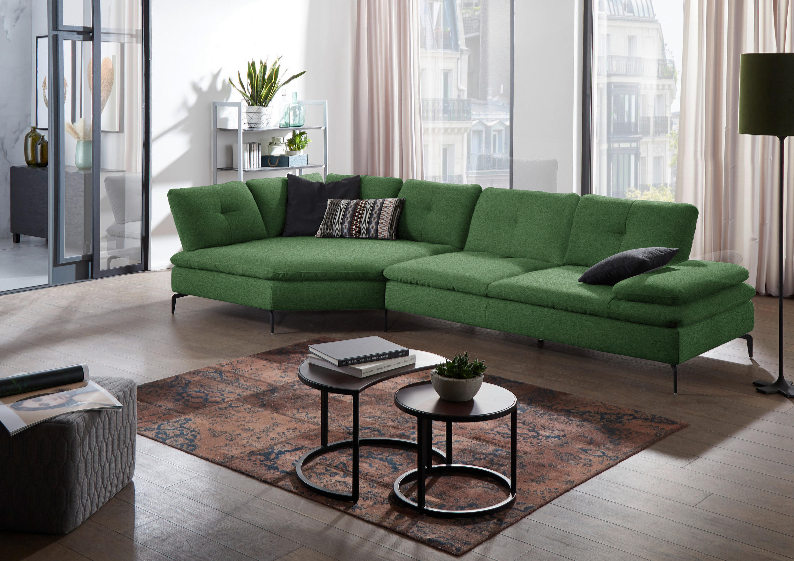 ECKSOFA in Flachgewebe Grün  - Schwarz/Grün, Design, Textil/Metall (157/344cm) - Chilliano