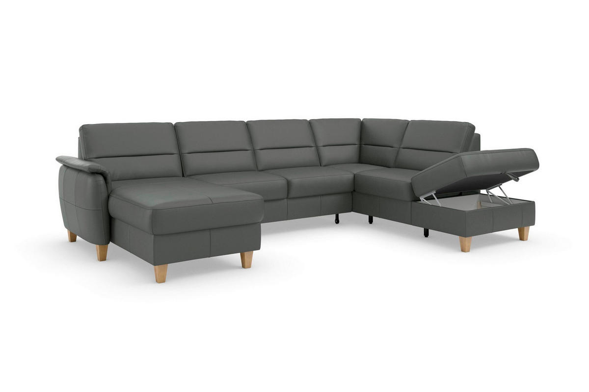 WOHNLANDSCHAFT PALMERA E in Echtleder Anthrazit  - Eichefarben/Anthrazit, Basics, Leder/Holz (163/308/212cm) - Sit & More