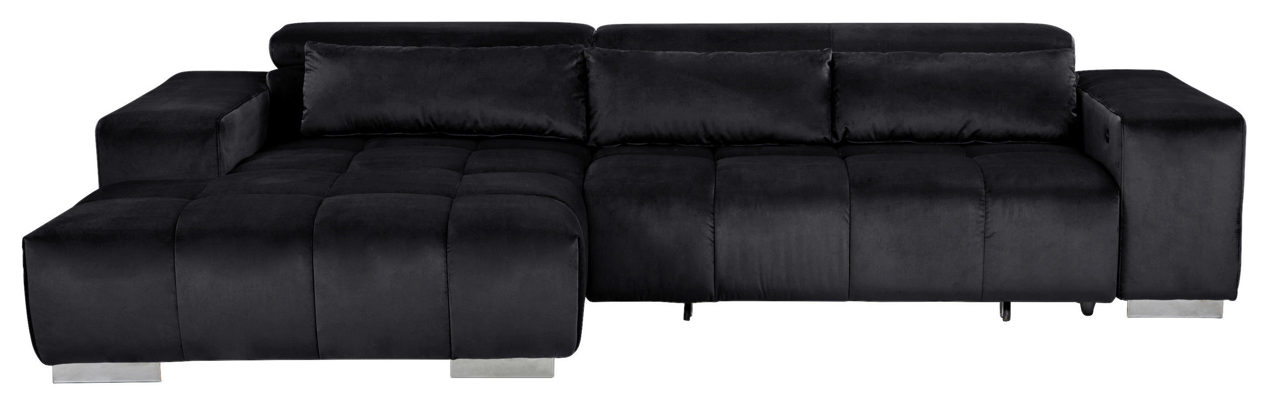 ECKSOFA Schwarz Velours Kopfteilverstellung  - Silberfarben/Schwarz, KONVENTIONELL, Textil/Metall (186/307cm) - Livetastic