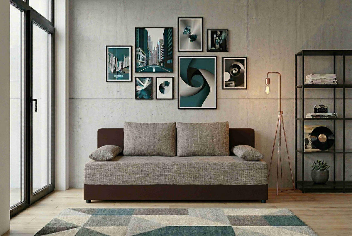 SCHLAFSOFA Lederlook, Webstoff Cappuccino, Mokka  inkl. Rückenkissen, Armlehnenkissen, Bettkasten, Schlaffunktion, Rücken echt, Liegefläche im Originalstoff  - Schwarz/Mokka, Design, Kunststoff/Textil (200/90/103cm) - P & B