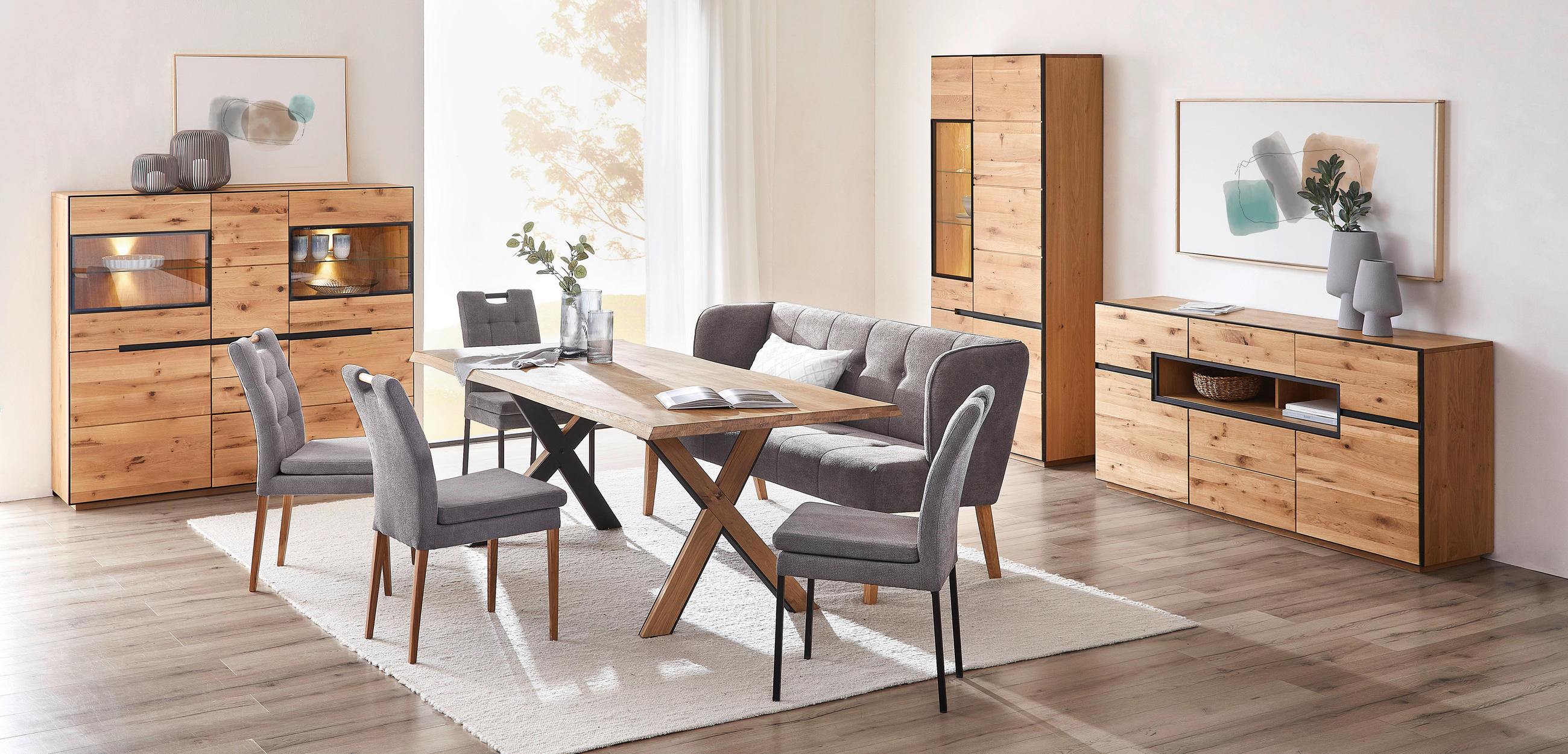 VITRINE Wildeiche furniert, massiv Anthrazit, Eichefarben - Eichefarben/Anthrazit, Natur, Holz/Metall (89/200/38cm) - Linea Natura
