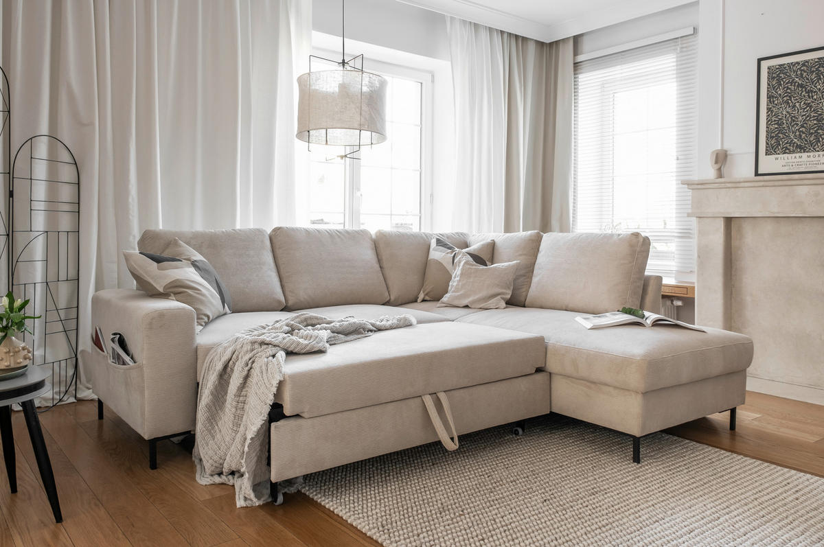 ECKSOFA in Cord Beige  - Beige/Schwarz, Design, Textil/Metall (237/197cm) - MID.YOU