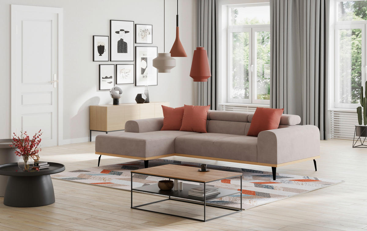 ECKSOFA Sandfarben Mikrofaser  - Sandfarben/Schwarz, KONVENTIONELL, Textil/Metall (157/244cm) - Cotta
