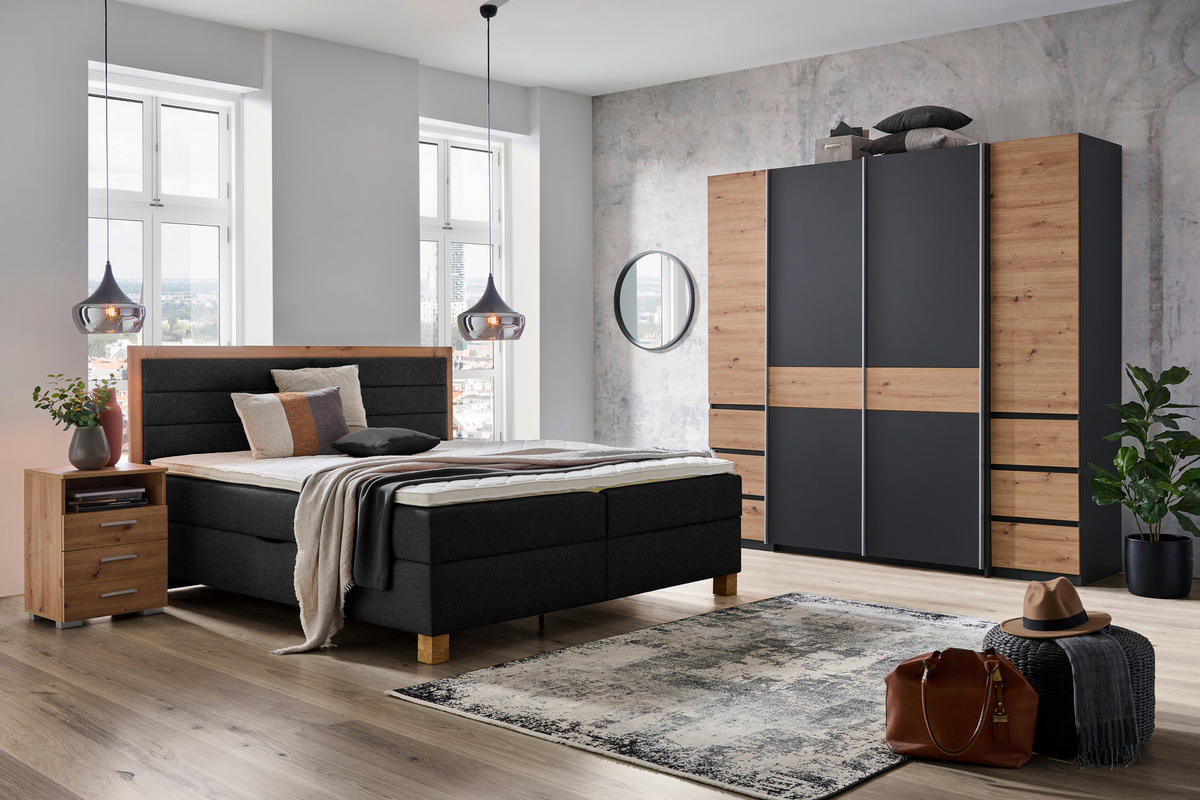 BOXBETT 180/200 cm  in Schwarz, Eiche Artisan  - Schwarz/Eiche Artisan, KONVENTIONELL, Holz/Holzwerkstoff (180/200cm) - Carryhome
