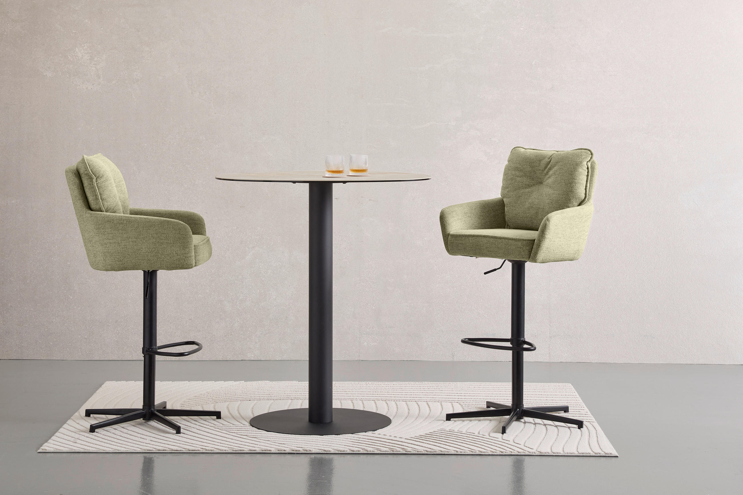 BARHOCKER Leinenoptik Grün, Schwarz Eisen Stoffauswahl, Sitzfläche 360° drehbar  - Taupe/Schwarz, Design, Textil/Metall (58/103-123/61cm) - Novel