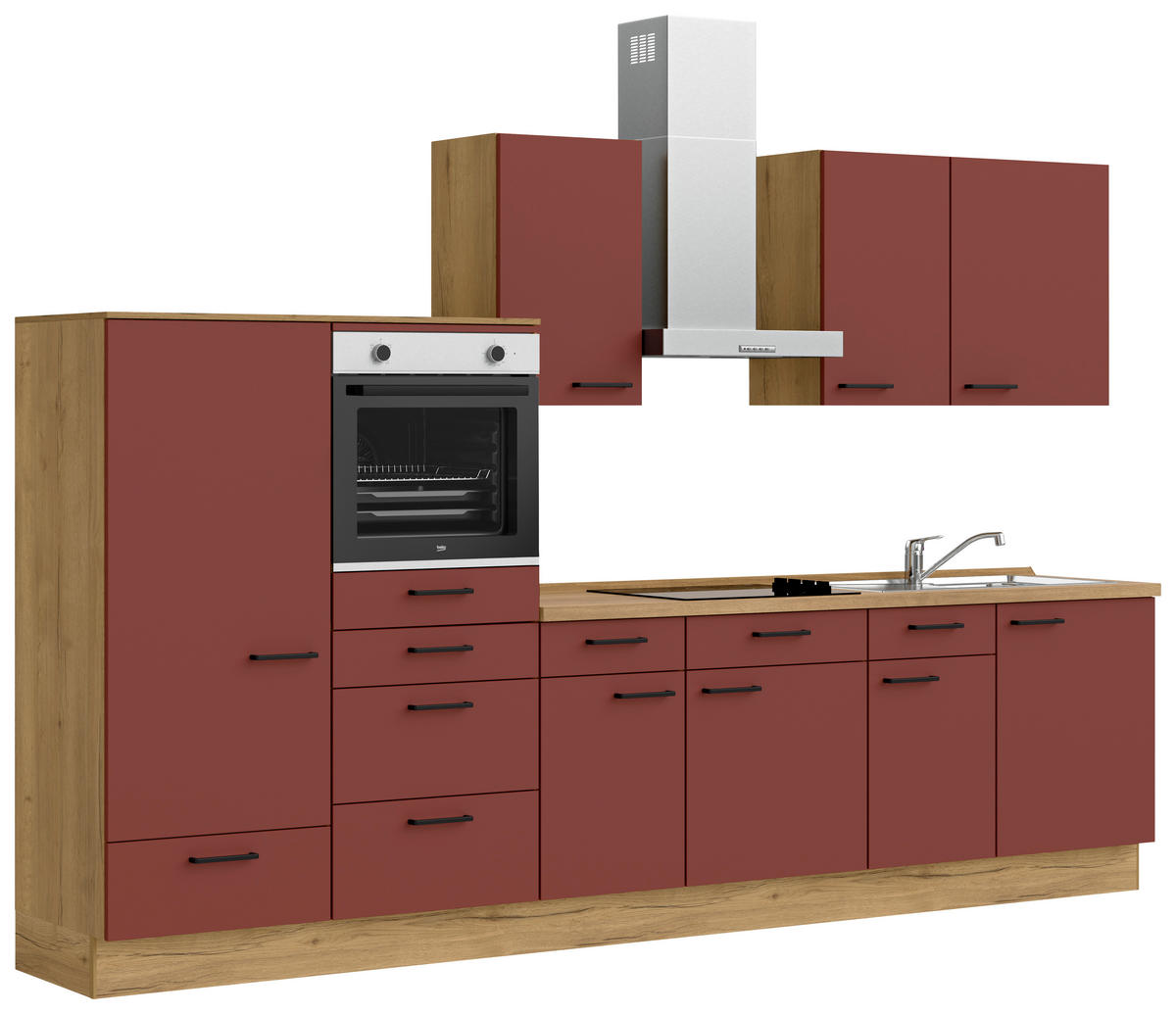 KÜCHENBLOCK 330 cm   in Eichefarben, Dunkelrot  - Eichefarben/Schwarz, MODERN, Holzwerkstoff/Metall (330cm) - Nobilia