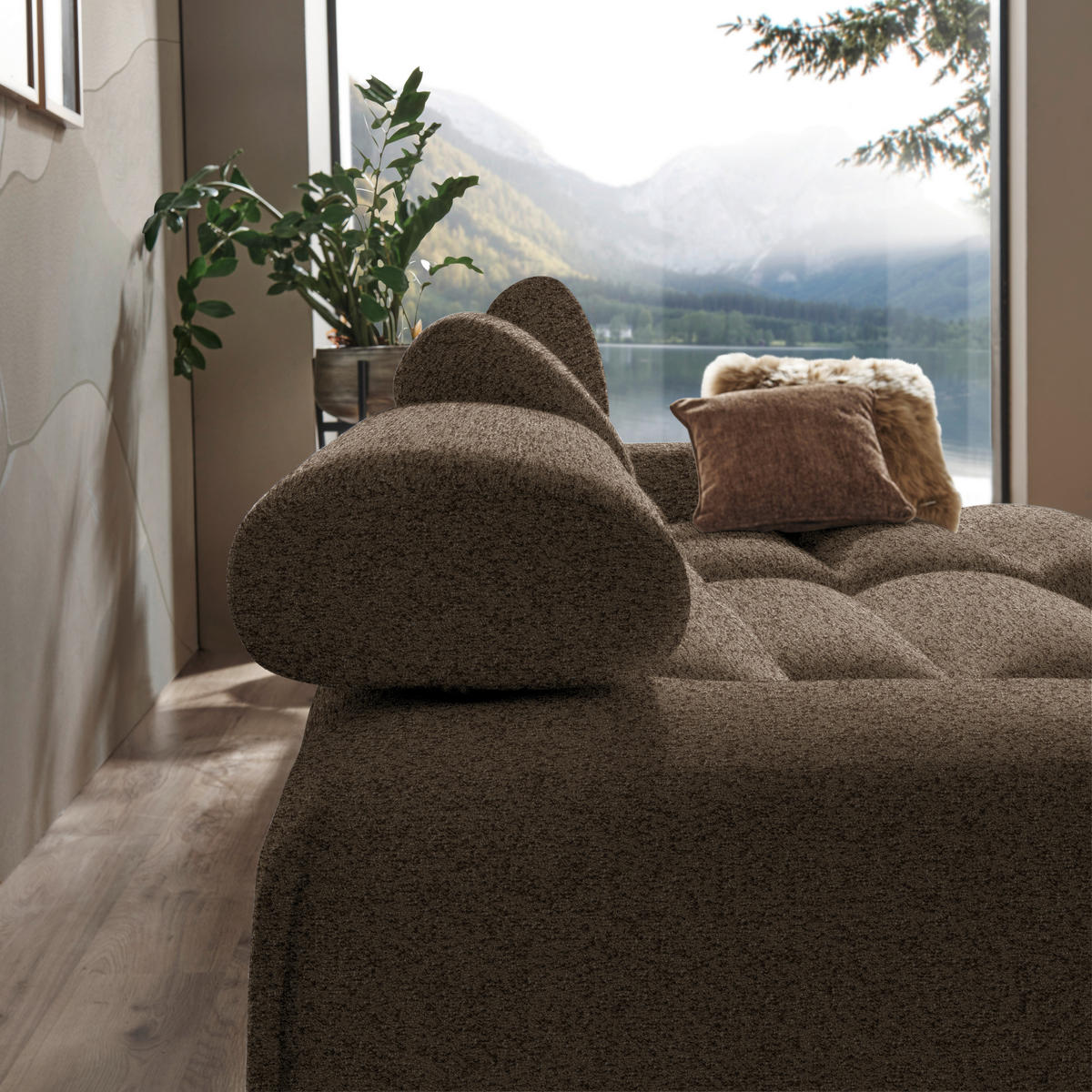 ECKSOFA in Velours Dunkelbraun  - Dunkelbraun/Buchefarben, Design, Holz/Textil (329/150cm) - Lomoco