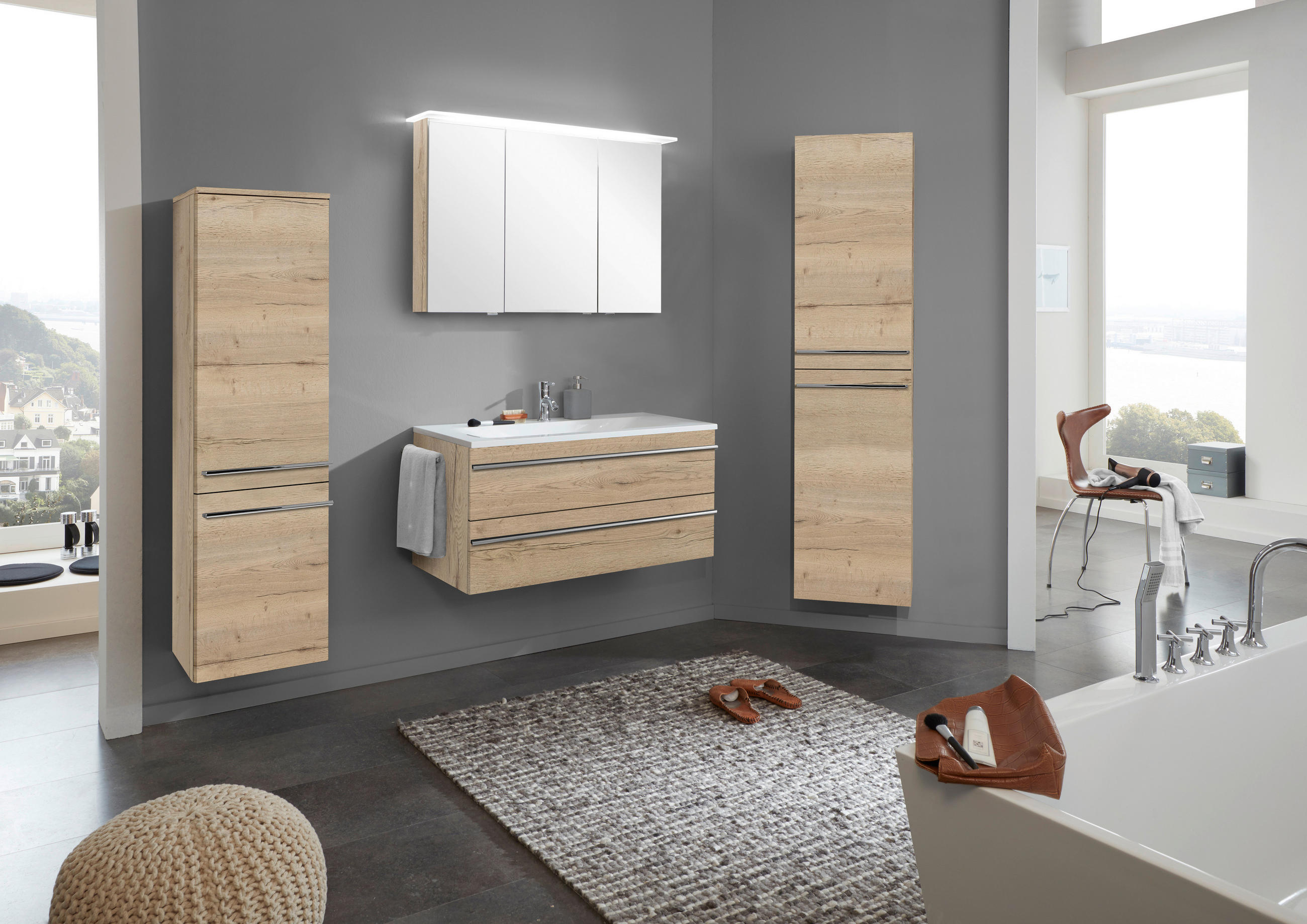 Thumbnail - Welnova Midischrank, Eiche, Glas, 3 Fächer, 40x148.8x34.8 cm, DIN EN ISO 14001, DIN EN ISO 50001, DIN EN ISO 9001, Made ...