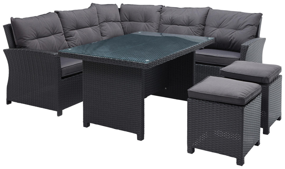 JEDÁLENSKÁ TERASOVÁ SÚPRAVA 18-dielne, kov, plast, sklo, textil - čierna/sivá, Konventionell, kov/textil (209/203cm) - Ambia Garden