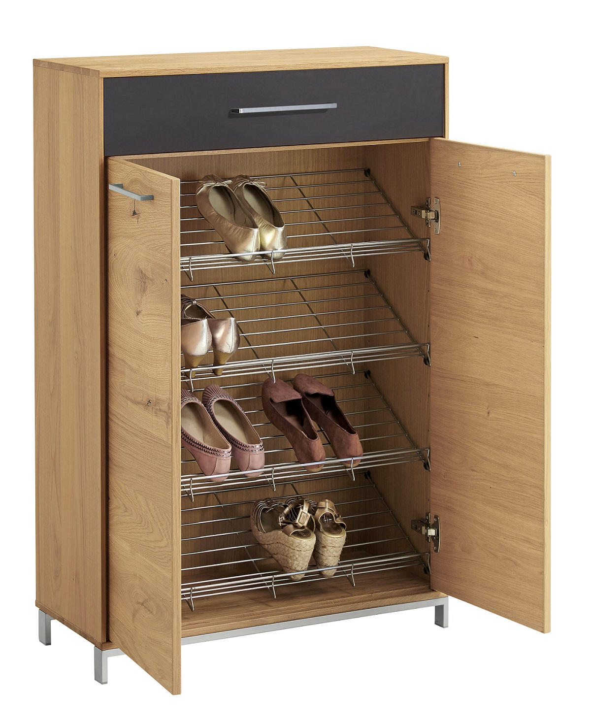 SCHUHSCHRANK Eiche, Balkeneiche furniert, teilmassiv Anthrazit, Eichefarben  - Edelstahlfarben/Eichefarben, Design, Glas/Holz (72/105/37cm)