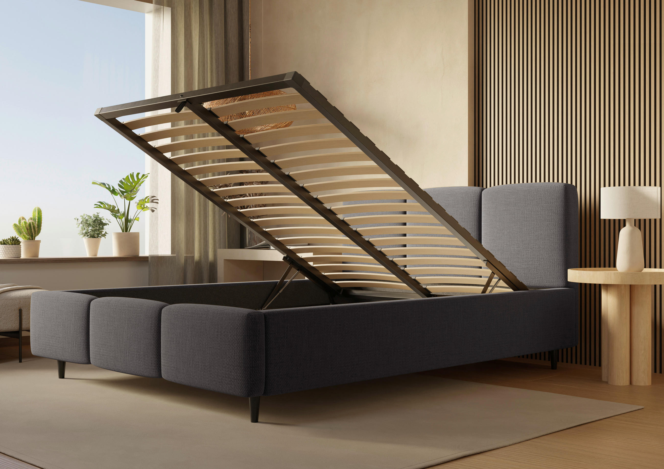POLSTERBETT Lattenrost, Bettkasten 180/200 cm  in Anthrazit  - Anthrazit/Schwarz, Design, Holz/Textil (180/200cm) - Boxxx